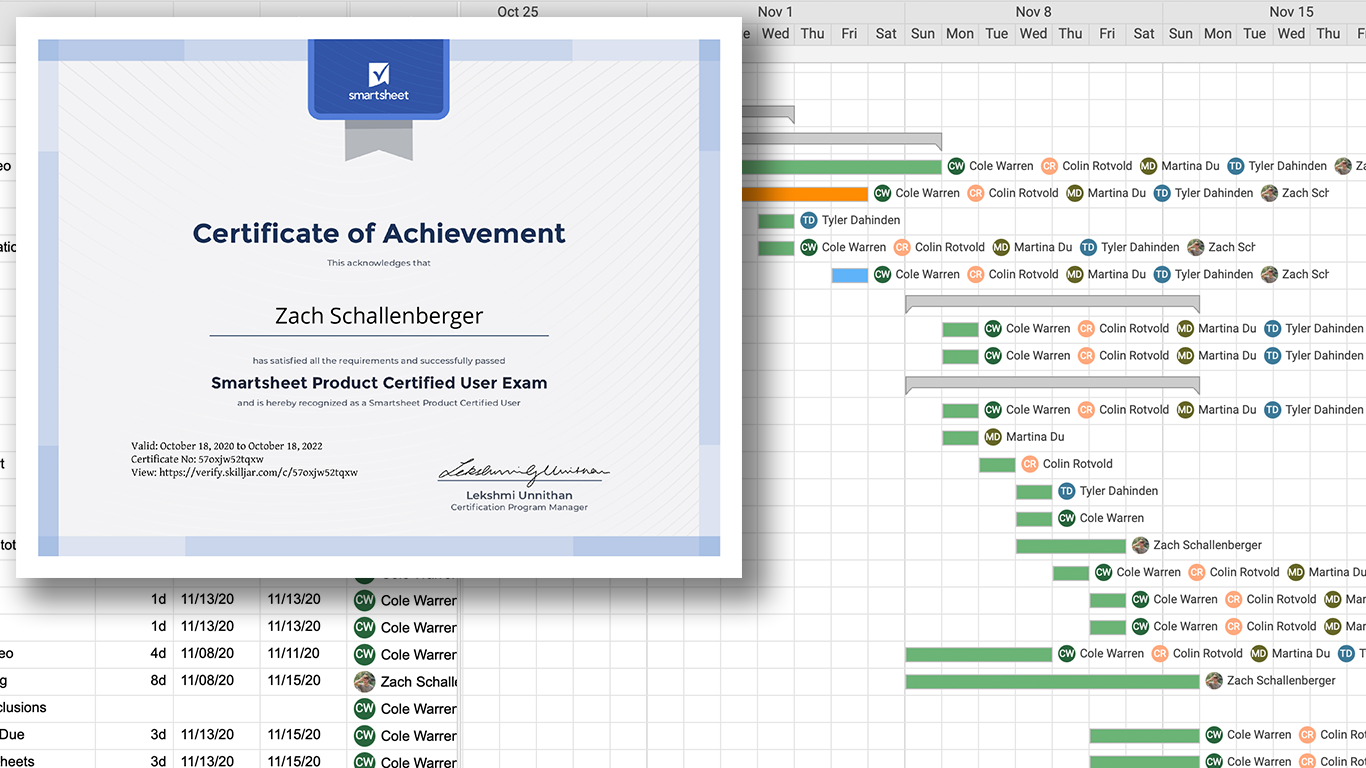 Zach Schallenberger SmartSheet certificate of achievement